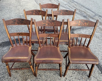 6 Primitive Pennsylvania half Spindleback plank seat chairs bird fruit 17w17h32h15d yellow stripes Shipping is not free