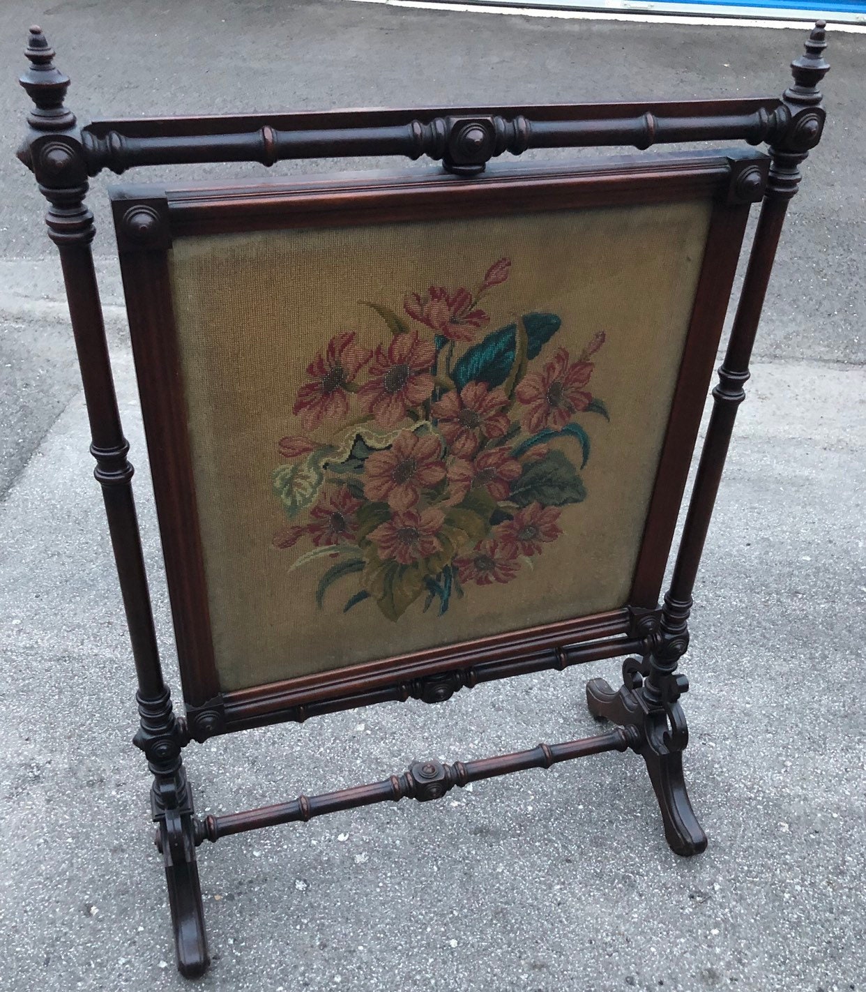 Antique Victorian Fire Screen Floral Embroidery Ornate