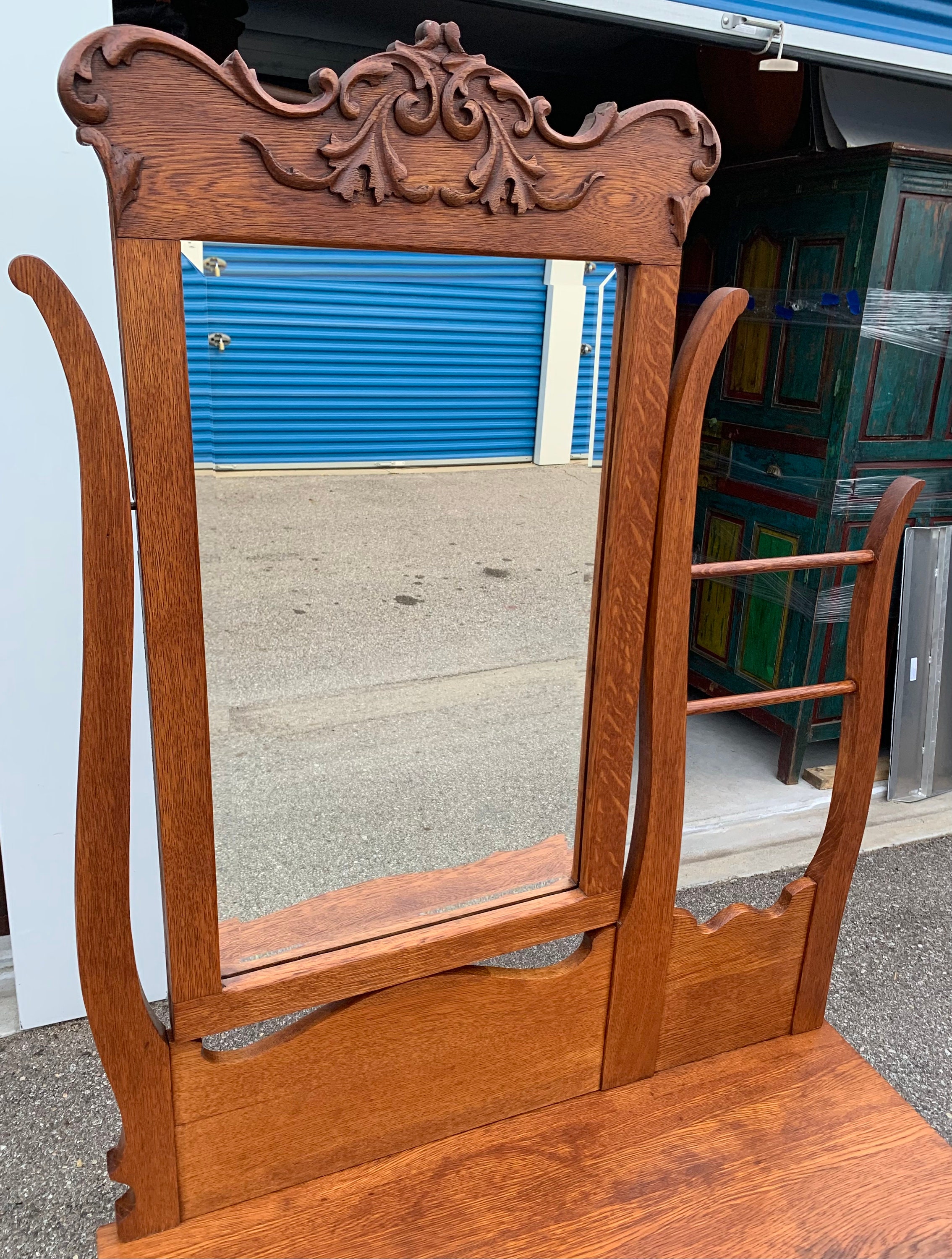 【稀少】アメリカンアンティークキルト⭐︎ダブルウエディング　 約190×208cm Antique Victorian Solid Oak Dual Harp Washstand With Beveled