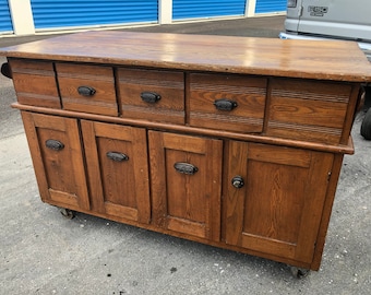 Antique 1889 NY solid oak bakers cabinet island cupboard 53w27d33.5h Shipping is not free