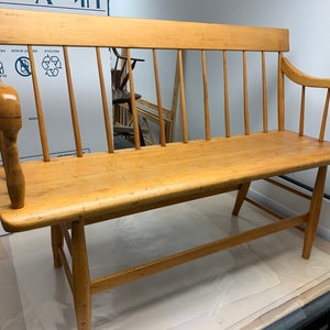 American 19th century Spindleback deacons bench light colored stain 16d46w17h32.5h Shipping is not free