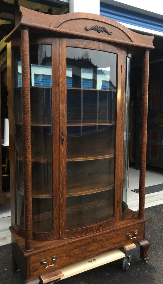 Antique Oak China Cabinet 2 Pillars Wavy Glass Claw Feet Etsy