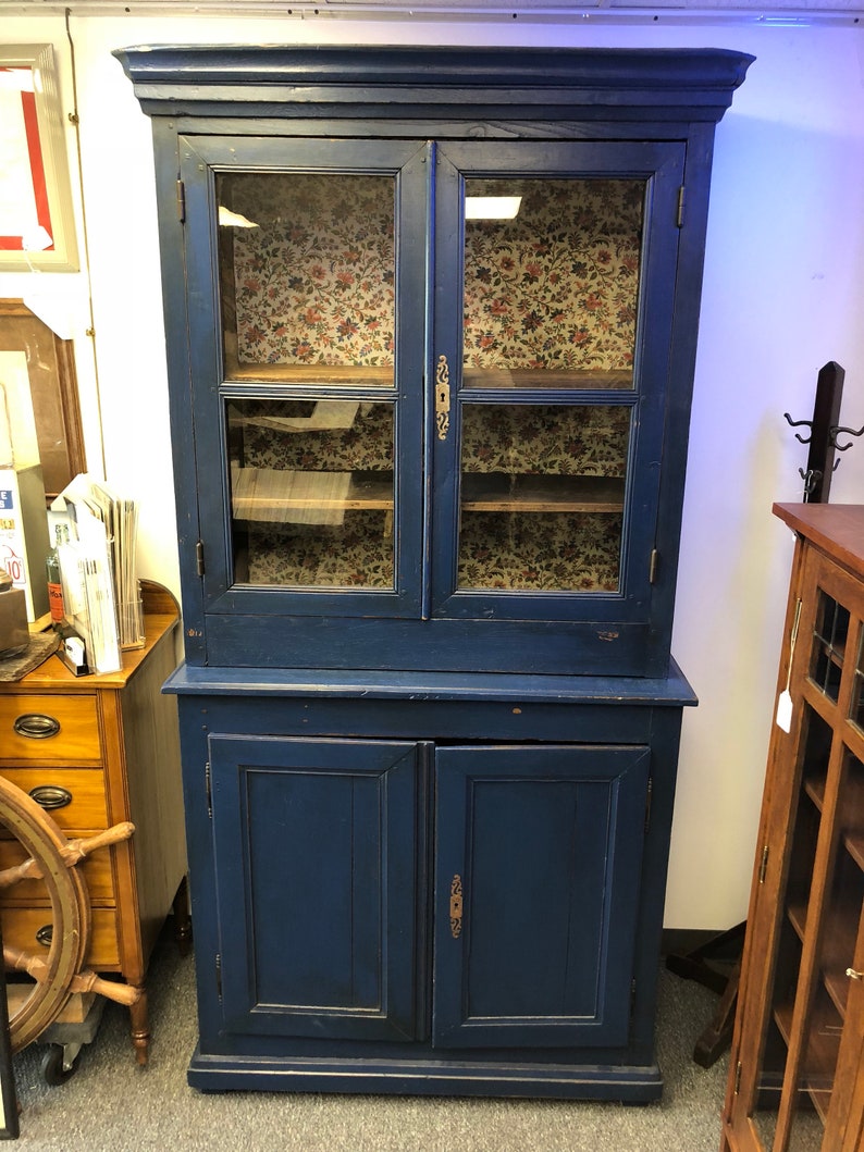 Early Antique French Blue Painted Step Back Country Cupboard