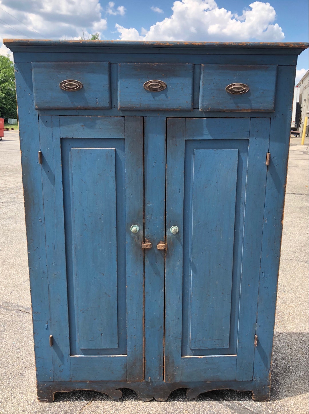 Primitive 1800's Hudson Valley NY Original Painted Blue Cupboard