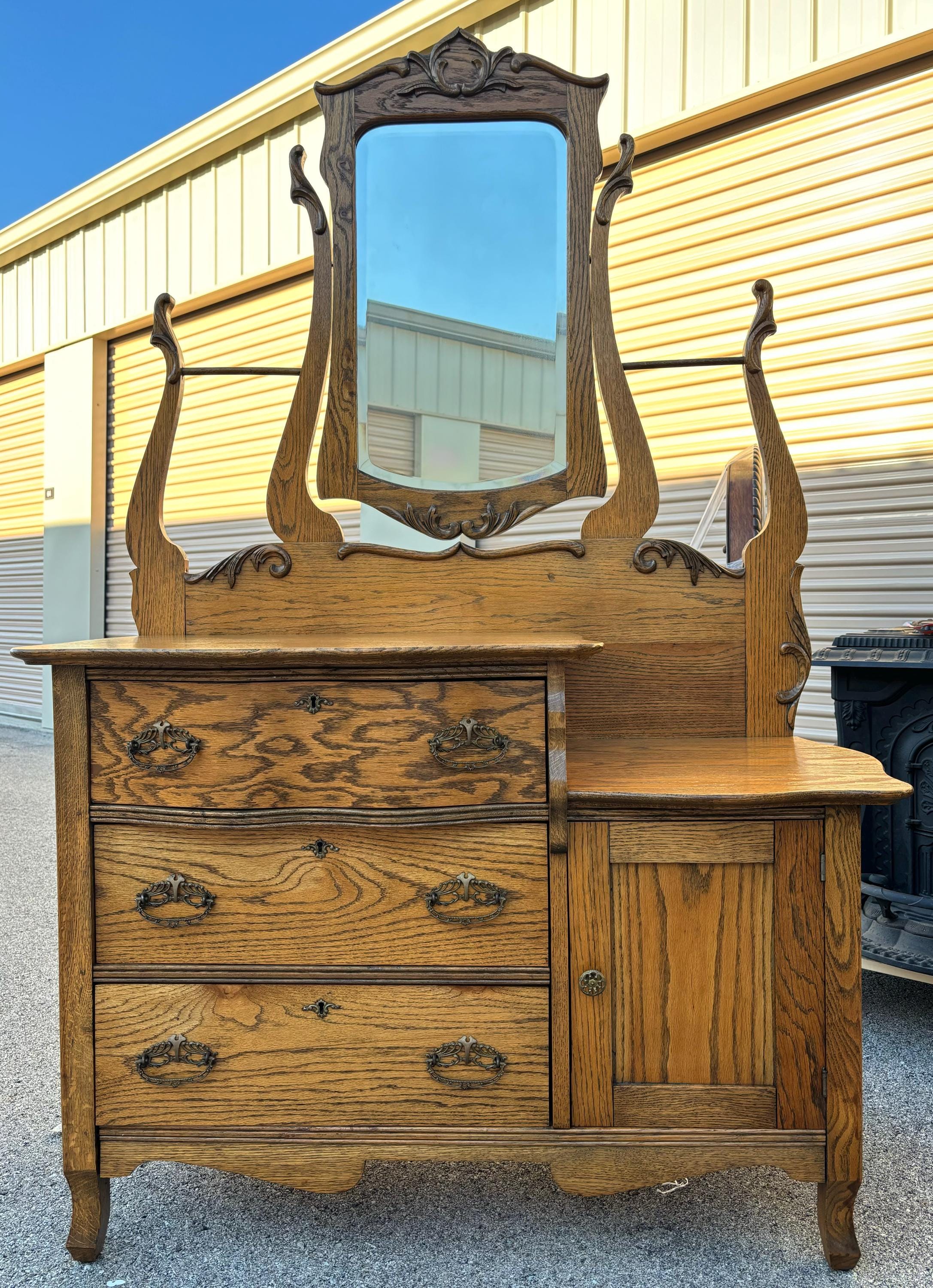 Antique 1880 New England Oak Dual Harp Wash Stand Center Beveled