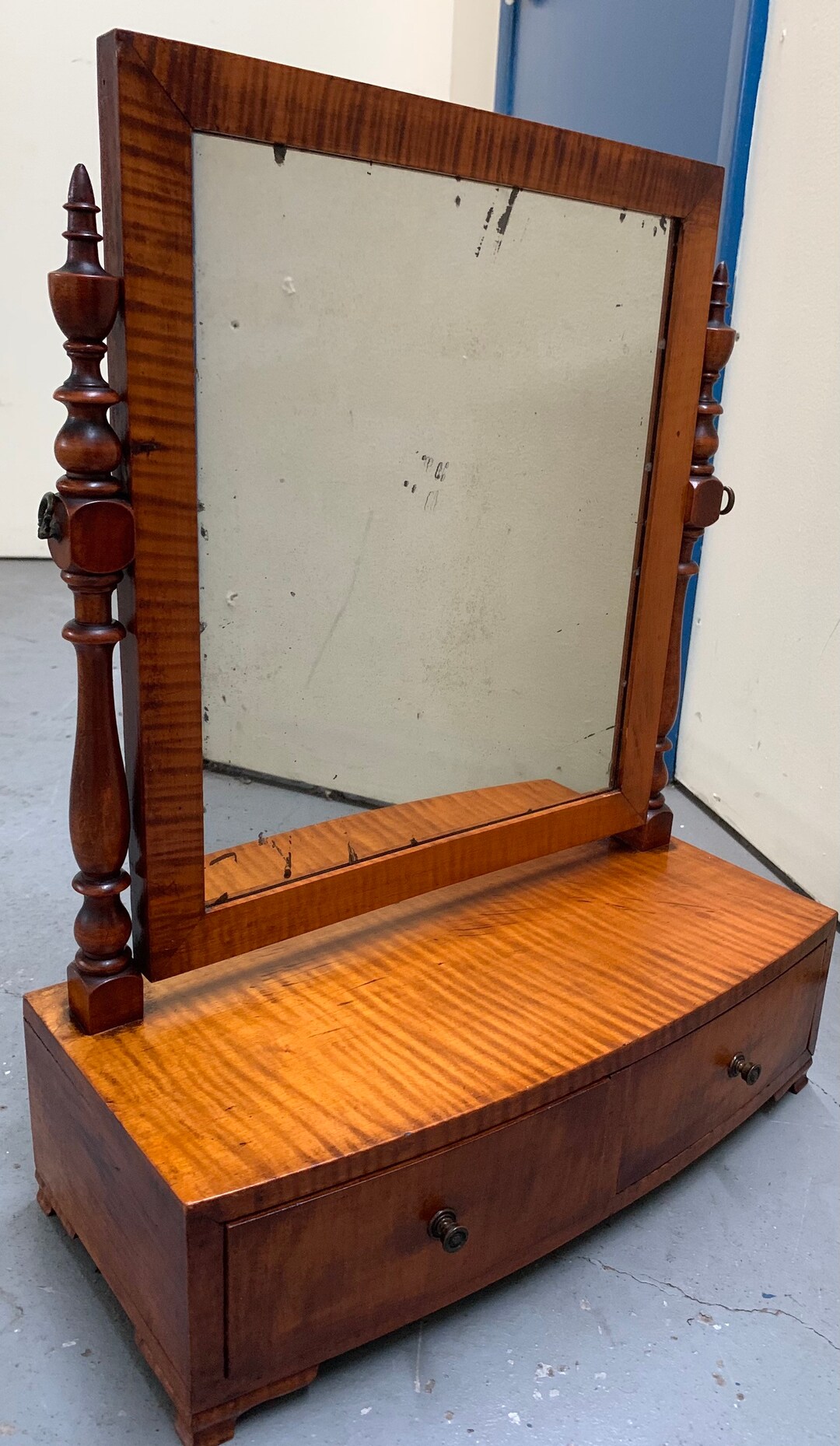 Antique 19th C New York Tiger Maple Dresser Shave Mirror 17W8D5H21.5H