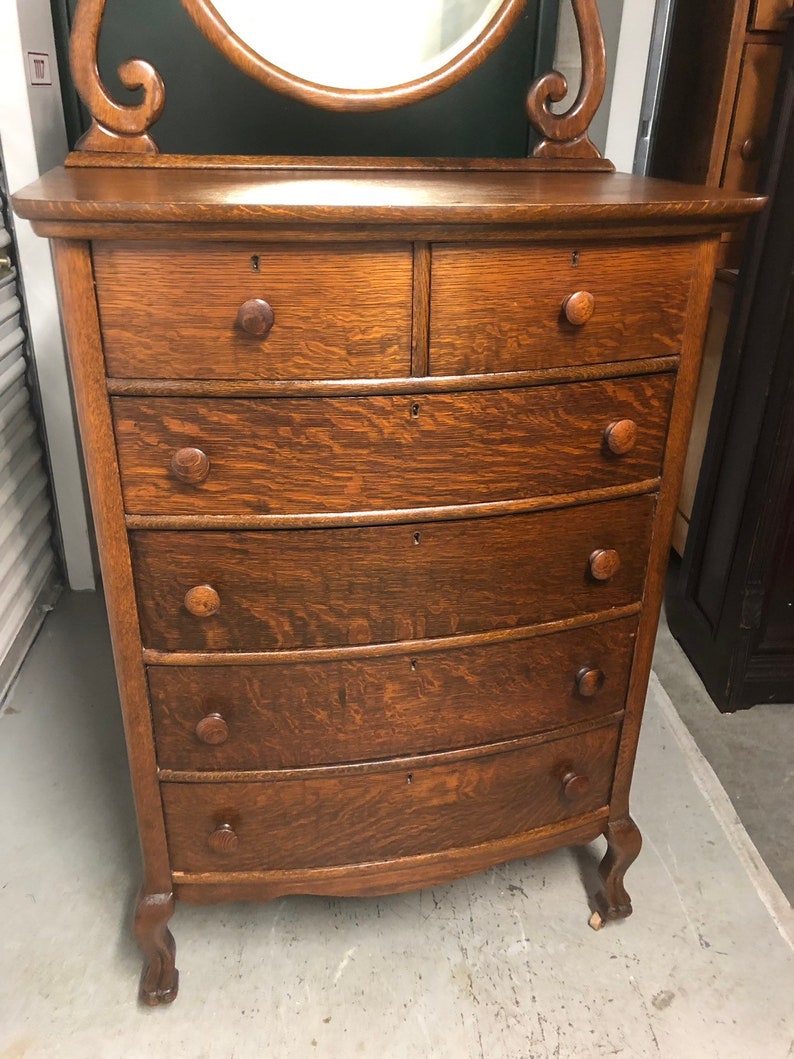 Antique tiger oak hi boy chest dresser mirror and claw feet Etsy