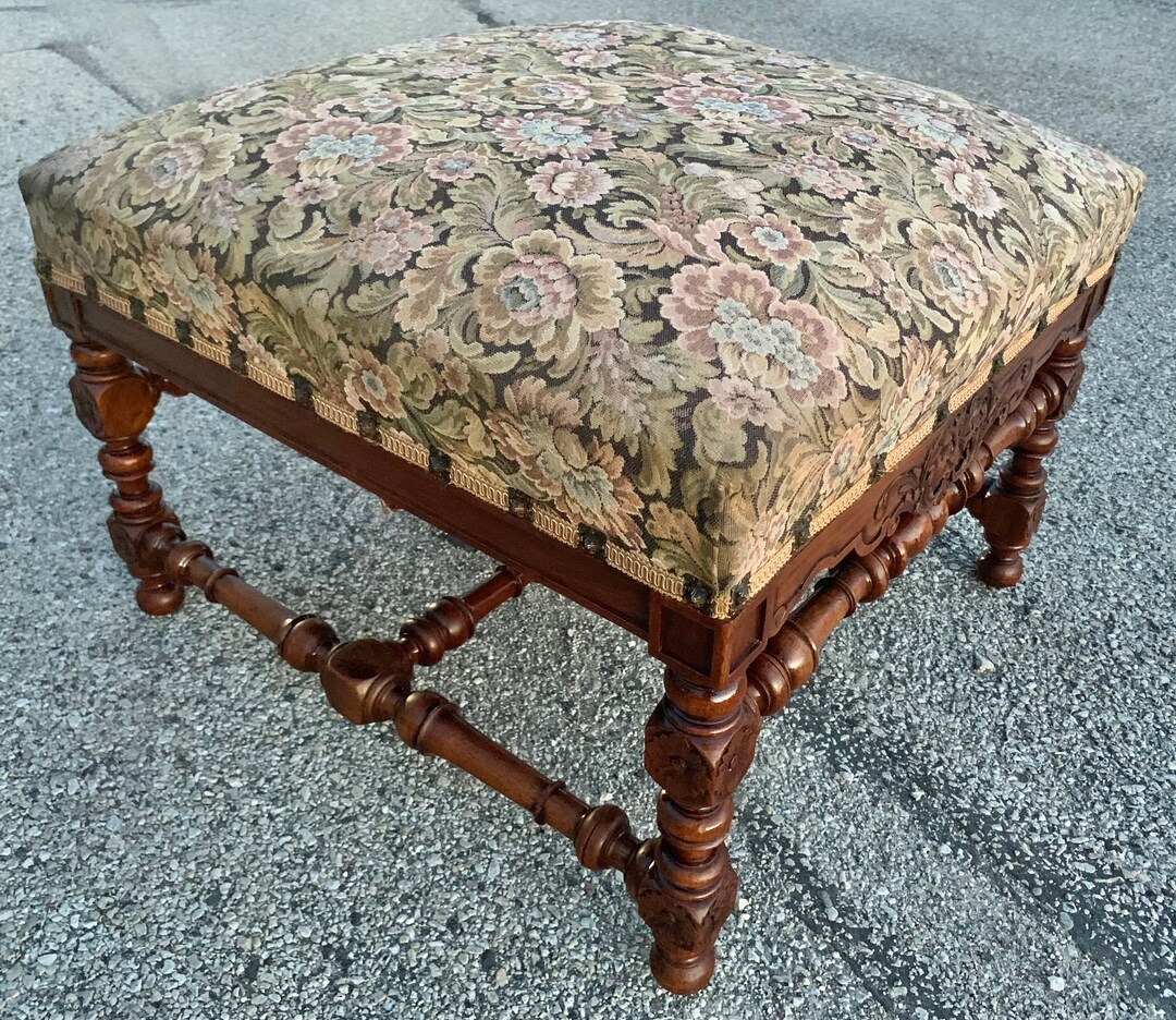 Antique Large French Carved Walnut Foot Stool Floral Fabric Mystic ...