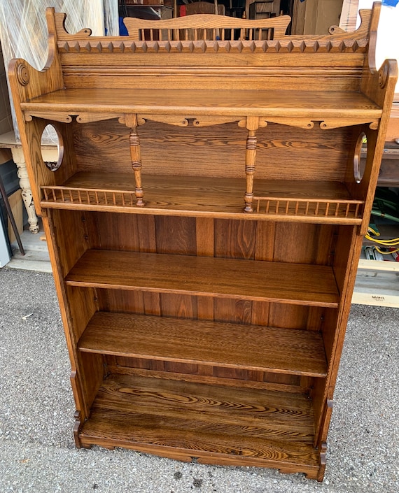 Antique Victorian California Oak Book Case Ornate Carved Top
