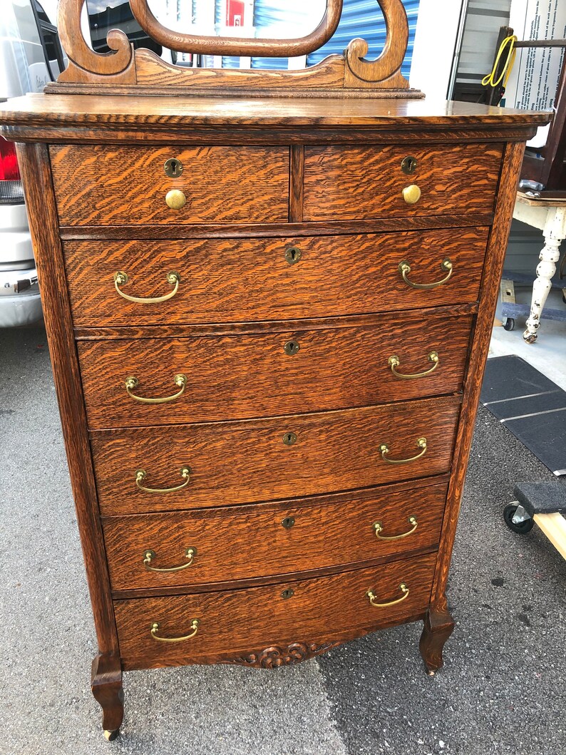 Antique solid oak hi boy chest dresser beveled mirror Etsy
