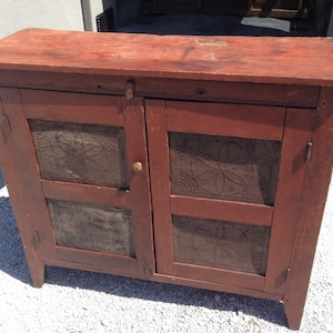 Antique Early American Primitive 4 tin Pie Safe 47w45h17d Old Red Paint Shipping is Not free