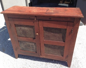 Antique Early American Primitive 4 tin Pie Safe 47w45h17d Old Red Paint Shipping is Not free