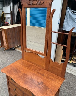 Antique Victorian Solid Oak Dual Harp Washstand With Beveled