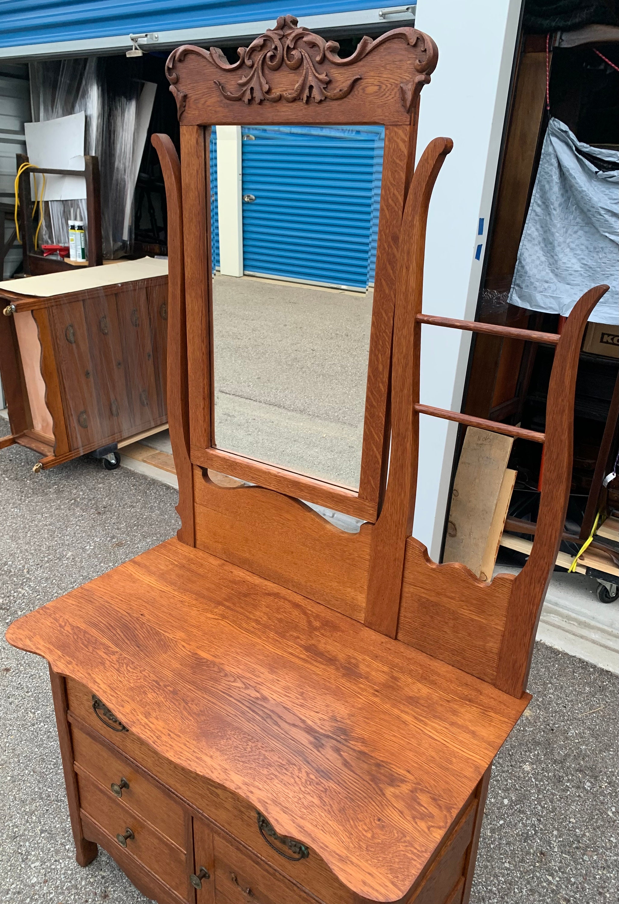 Antique Victorian Solid Oak Dual Harp Washstand With Beveled