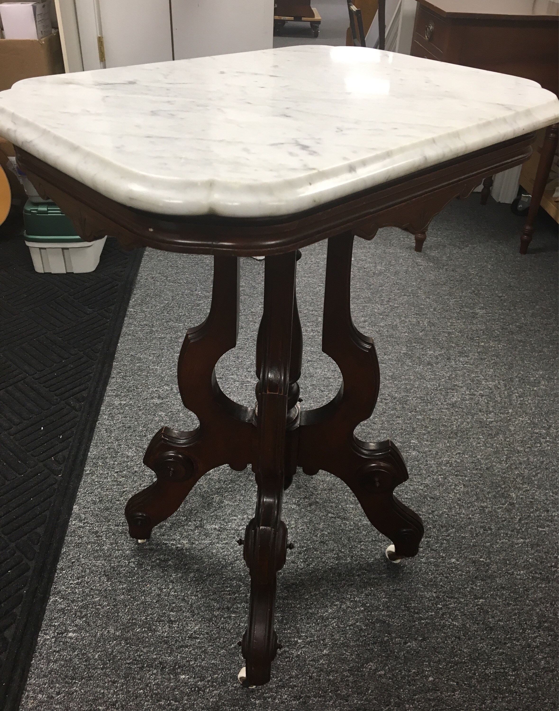 Victorian Marble Top Parlor Table Spire Cut Legs 22w16d30h