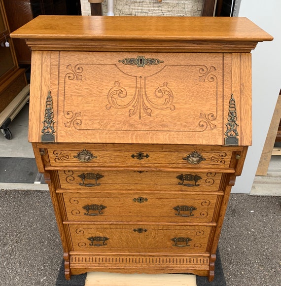 Antique Victorian Solid Oak Spoon Carved Secretary Desk Chest
