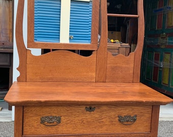 Antique Victorian Solid Oak Dual Harp Washstand With Beveled