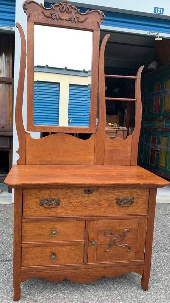 Antique Victorian Solid Oak Dual Harp Washstand With Beveled
