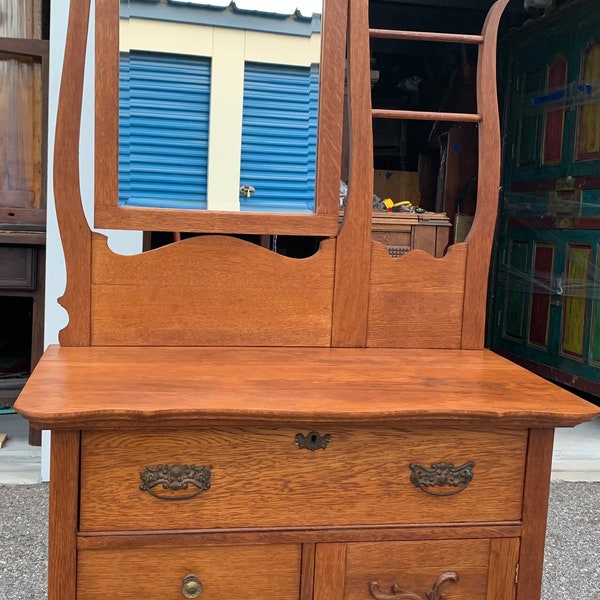 Antique Victorian solid oak dual harp washstand with beveled mirror 35W19.5D28H69H shipping is not free