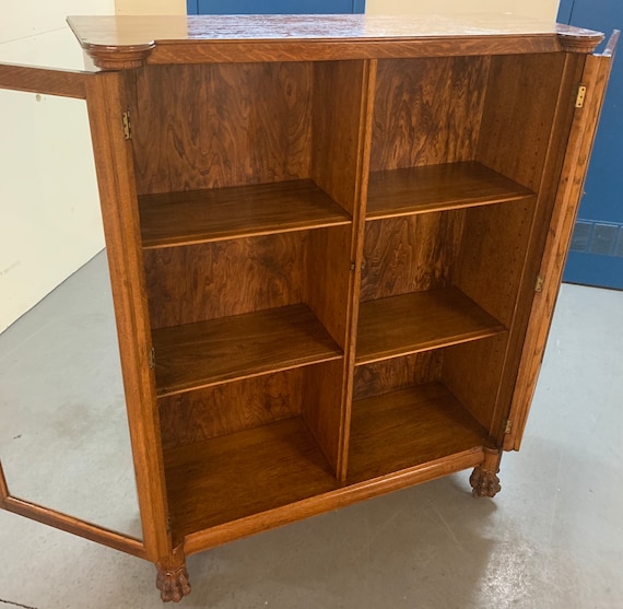 Antique Solid Oak Two-door Bookcase Claw Feet Four Shelves 48W16