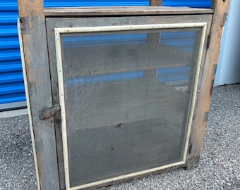 antique primitive original Pennsylvania hanging pie safe in pale blue paint 33H30W20D  shipping is not free