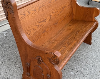 Antique oak Pennsylvania church pew carved columns 48W45W17H36.5H23D shipping is not free