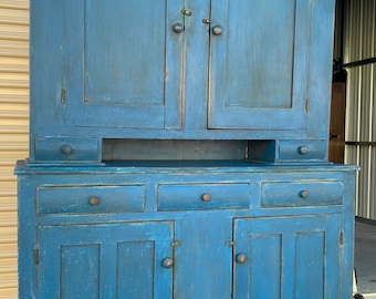 Antique 19th C midwestern walnut primitive blue painted stepback cupboard 17.5D11D55W39.5H81.75H shipping is not free