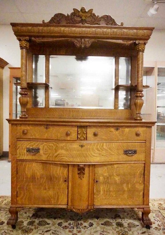 Antique New England Carved Oak Mirrored Side Board Buffet Carved Oak Mirrored Side Board Buffet