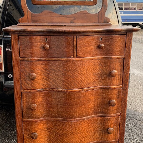 Antique southern oak highboy chest  mirror 6 serpentine drawers 32W20.5D46H68H Shipping is not free