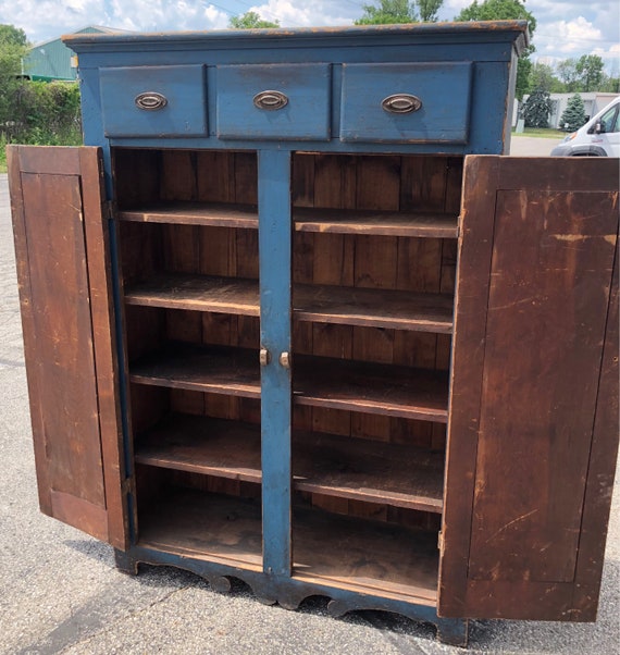 Primitive 1800's Hudson Valley NY Original Painted Blue Cupboard