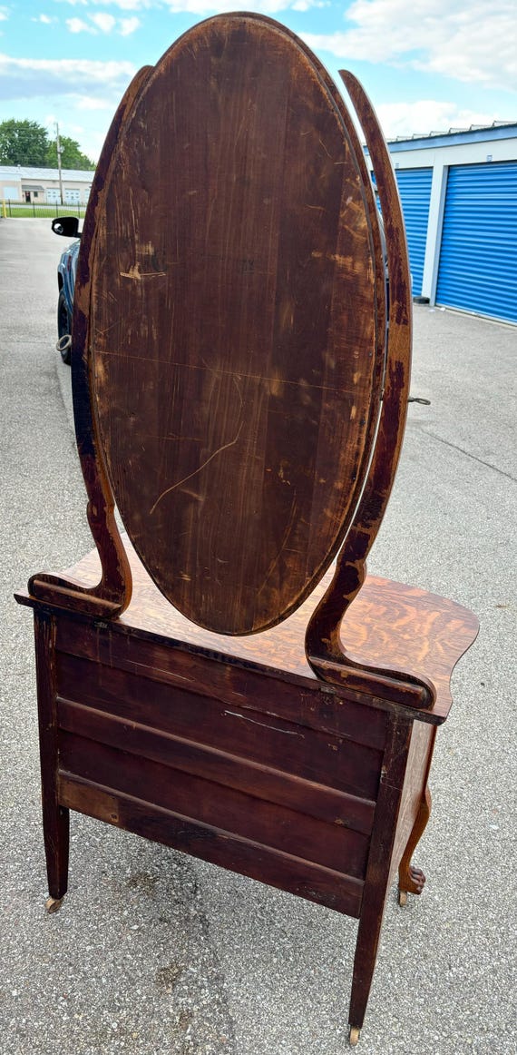 open lace back dress Vintage English Tiger Oak Dresser With Beveled Mirror  No. 7 Pickery Place