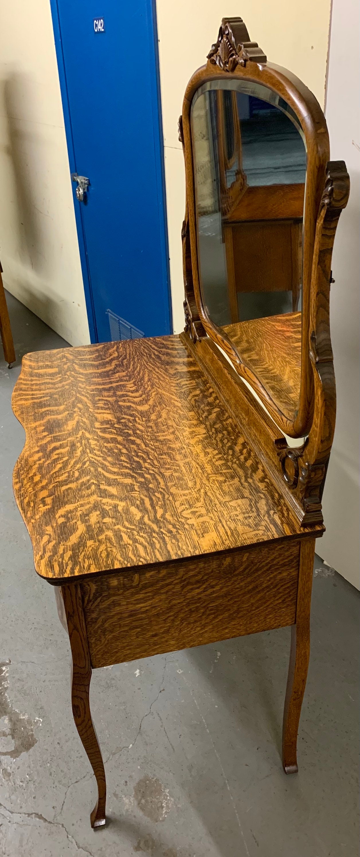 Antique Tiger Oak Victorian Bureau Vanity Carved Beveled