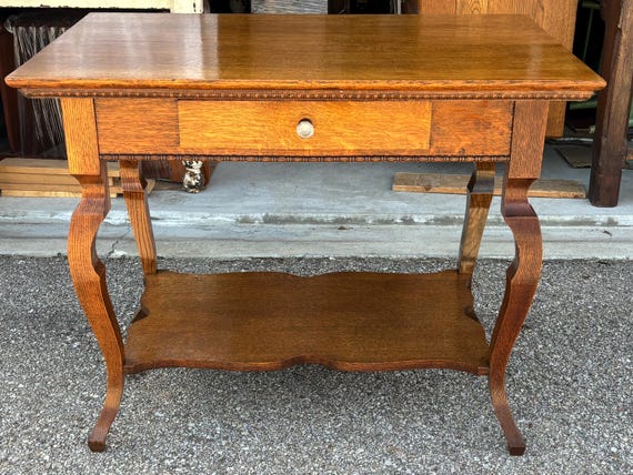 Antique Oak Minnesota Side Parlor Table Single Drawer Curved Legs