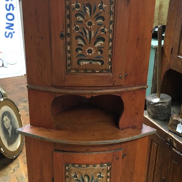 1837 Primitive Curved Paint Decorated Corner Cabinet 36w21d36.5h79h Shipping is not free