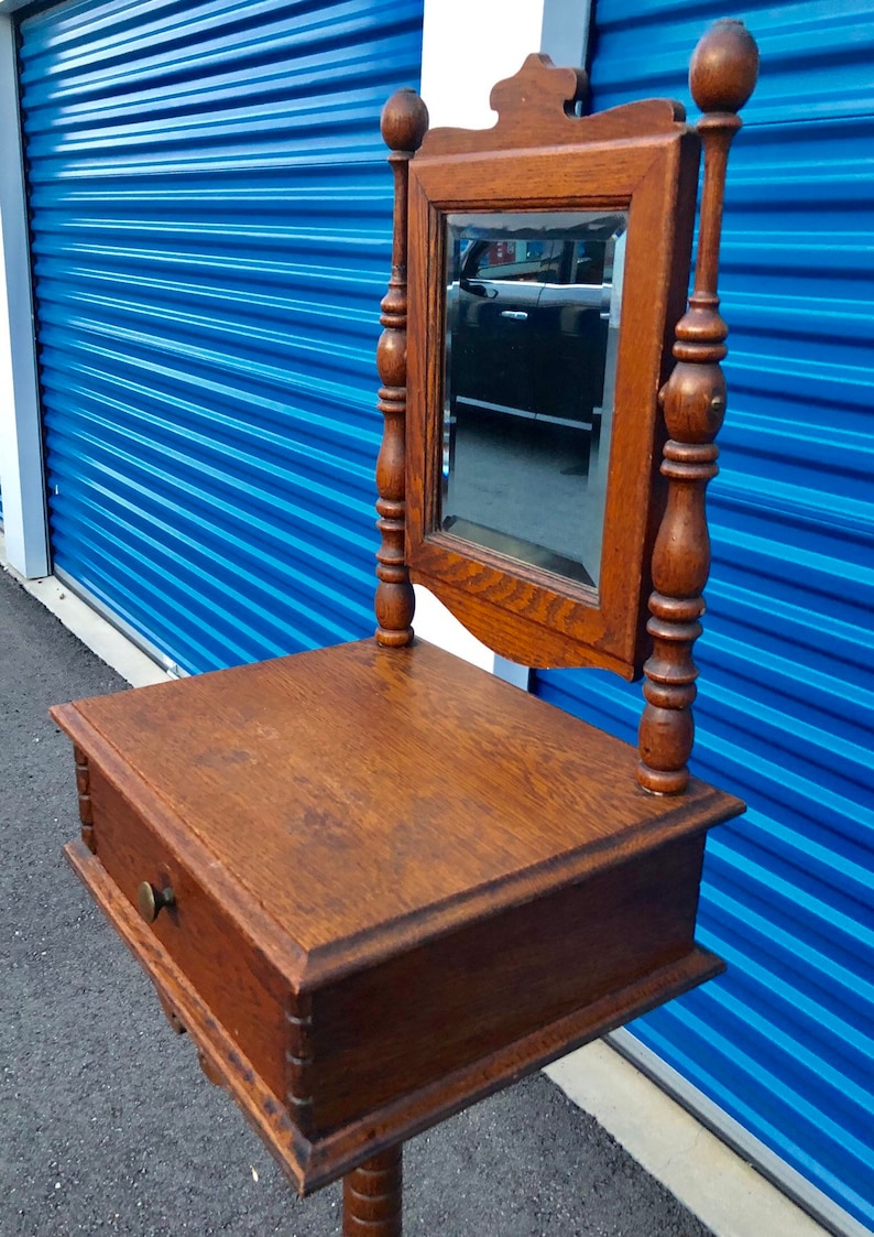 Antique American Solid Oak Shaving Stand Beveled Mirror Etsy