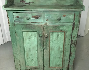 Beautiful Primitive Pie Safe Cupboard Dry Sink Cabinet Old Green Paint 51.5h48h42w16d17.5d Shipping is not free