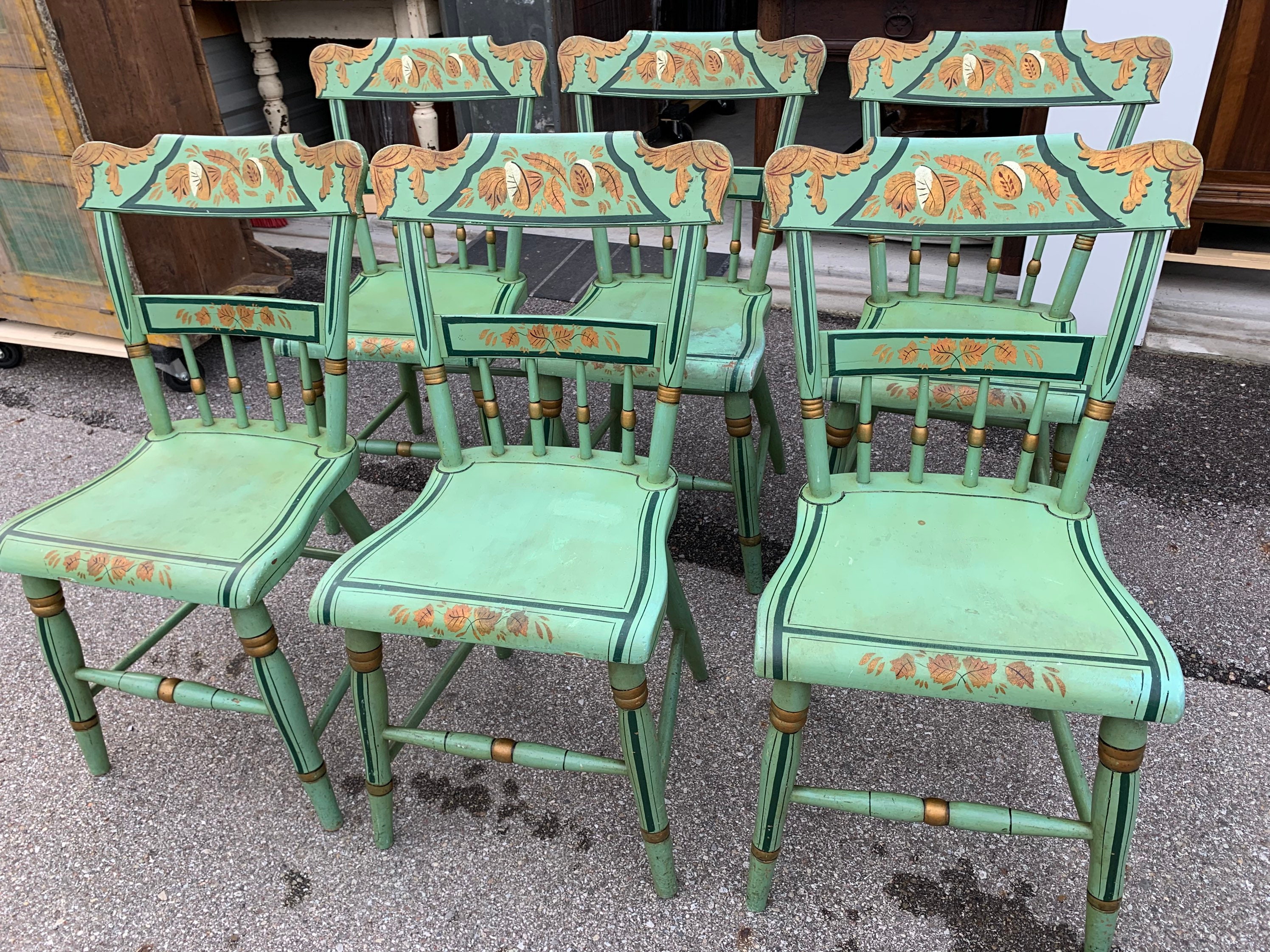 6 Antique Green Hand Painted Plank Seat Half Spindle Back Chairs