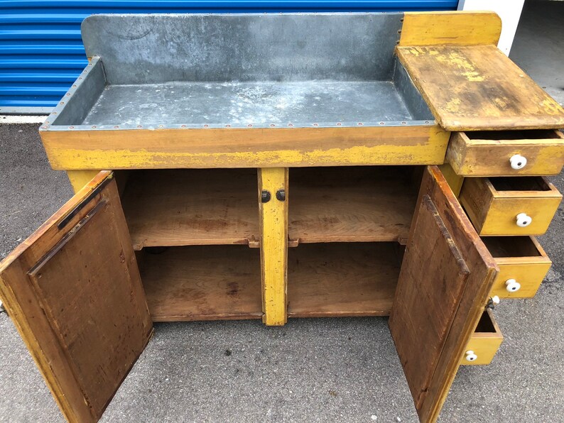 Primitive Pennsylvania Dry Sink Zinc Lined Yellow Paint 5 Etsy