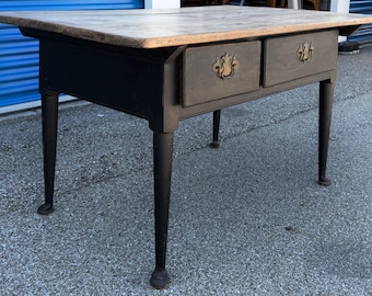 Antique primitive 18thC PA Queen Anne walnut farm table black paint 33D54W29H shipping is not free