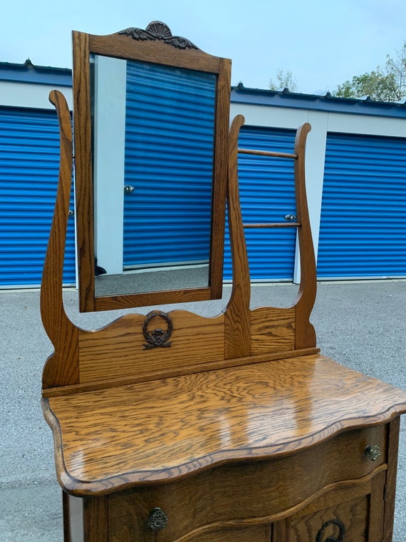 Antique Tiger Oak Dual Harp Washstand, Antique Oak Dresser Harp Mirror