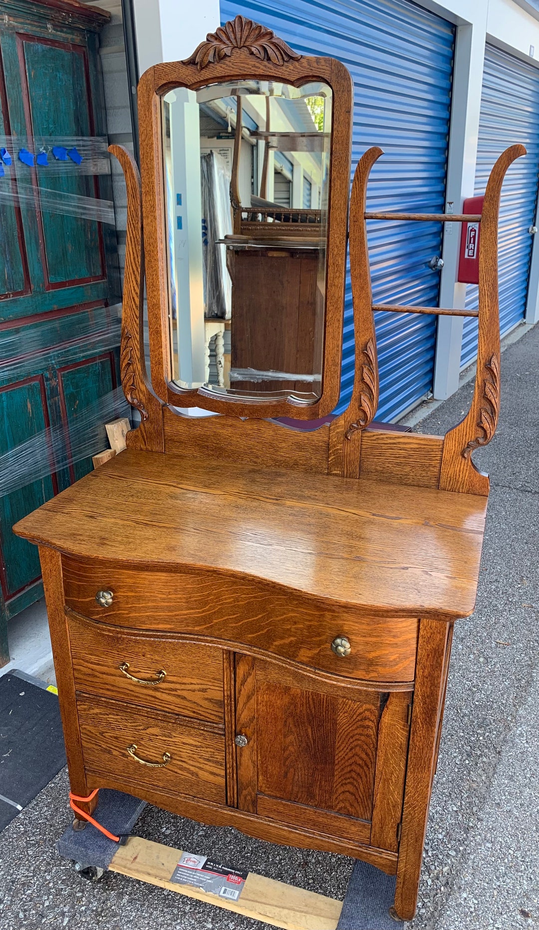 Antique Victorian Dual Harp Oak Wash Stand Bevel Mirror