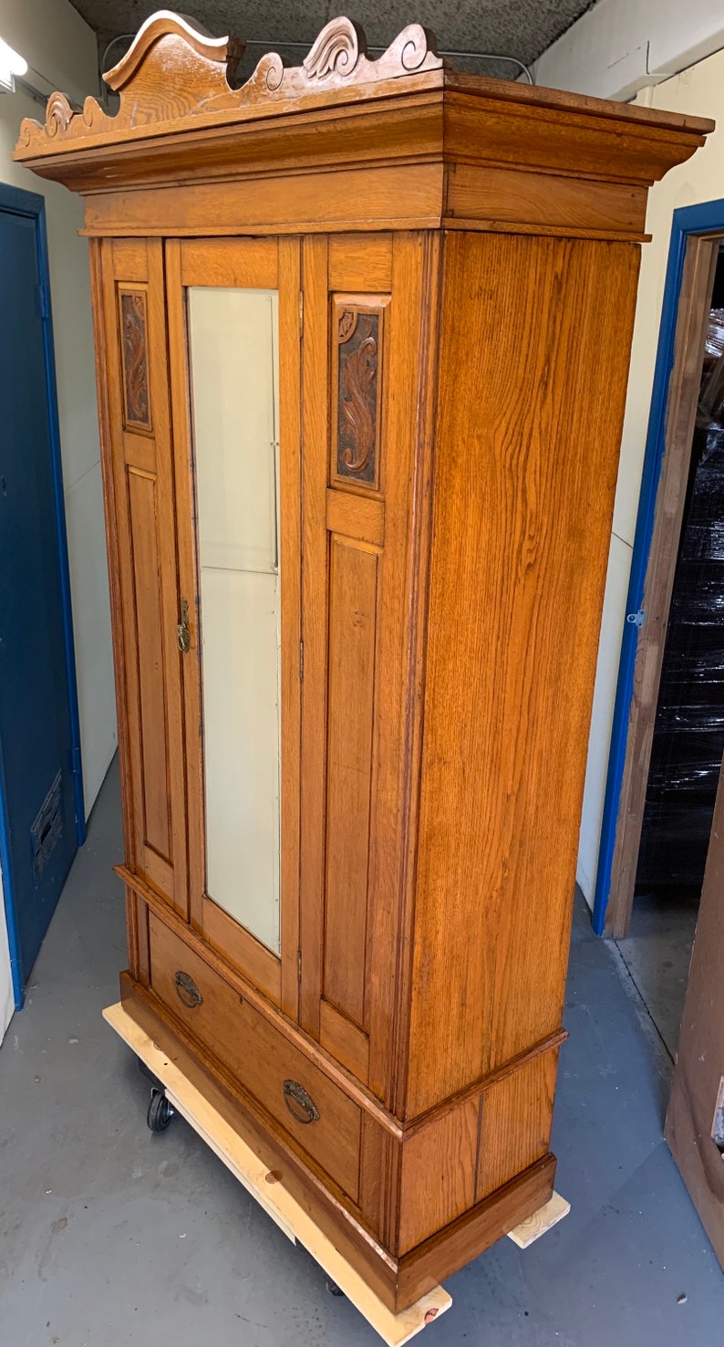 Antique Victorian Oak Knockdown Wardrobe Beveled Mirror Etsy