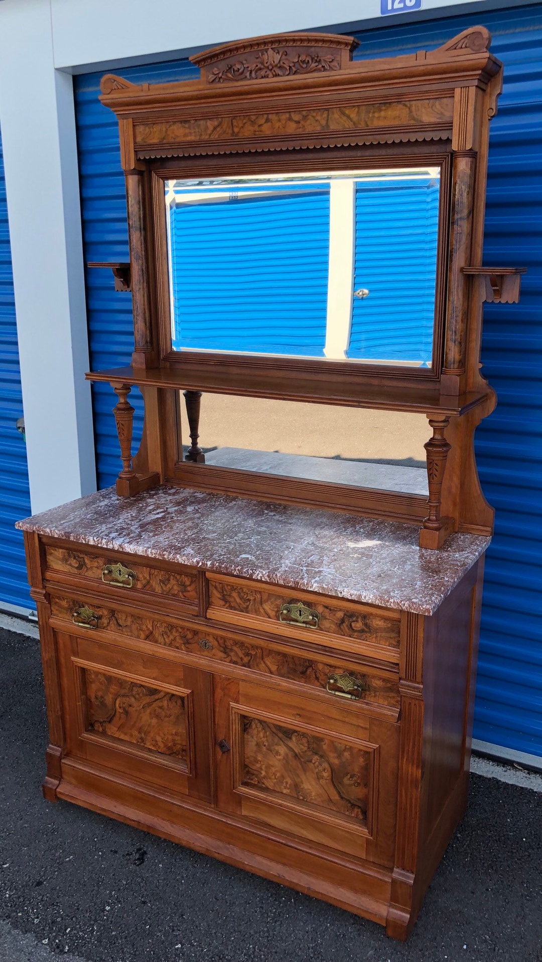Victorian Walnut Mirrored Marble Top Sideboard Burl Features
