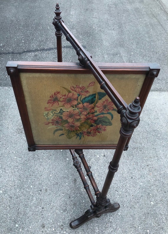 Antique Victorian Fire Screen Floral Embroidery Ornate