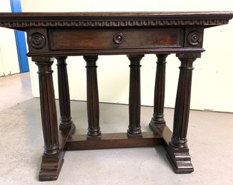 19th c walnut Italian side table 1 drawer 6 reeded column legs trestle base 23D36W28H Shipping is not free
