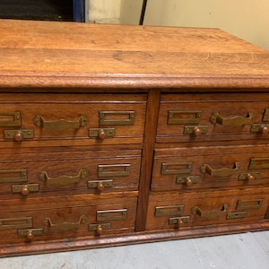 Antique 1892 solid oak six drawer paneled file cabinet brass labels 27w20d15h Shipping is not free