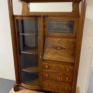 antique solid oak victorian transitional secretary display cabinet oak columns 48w16d66h shipping is not free