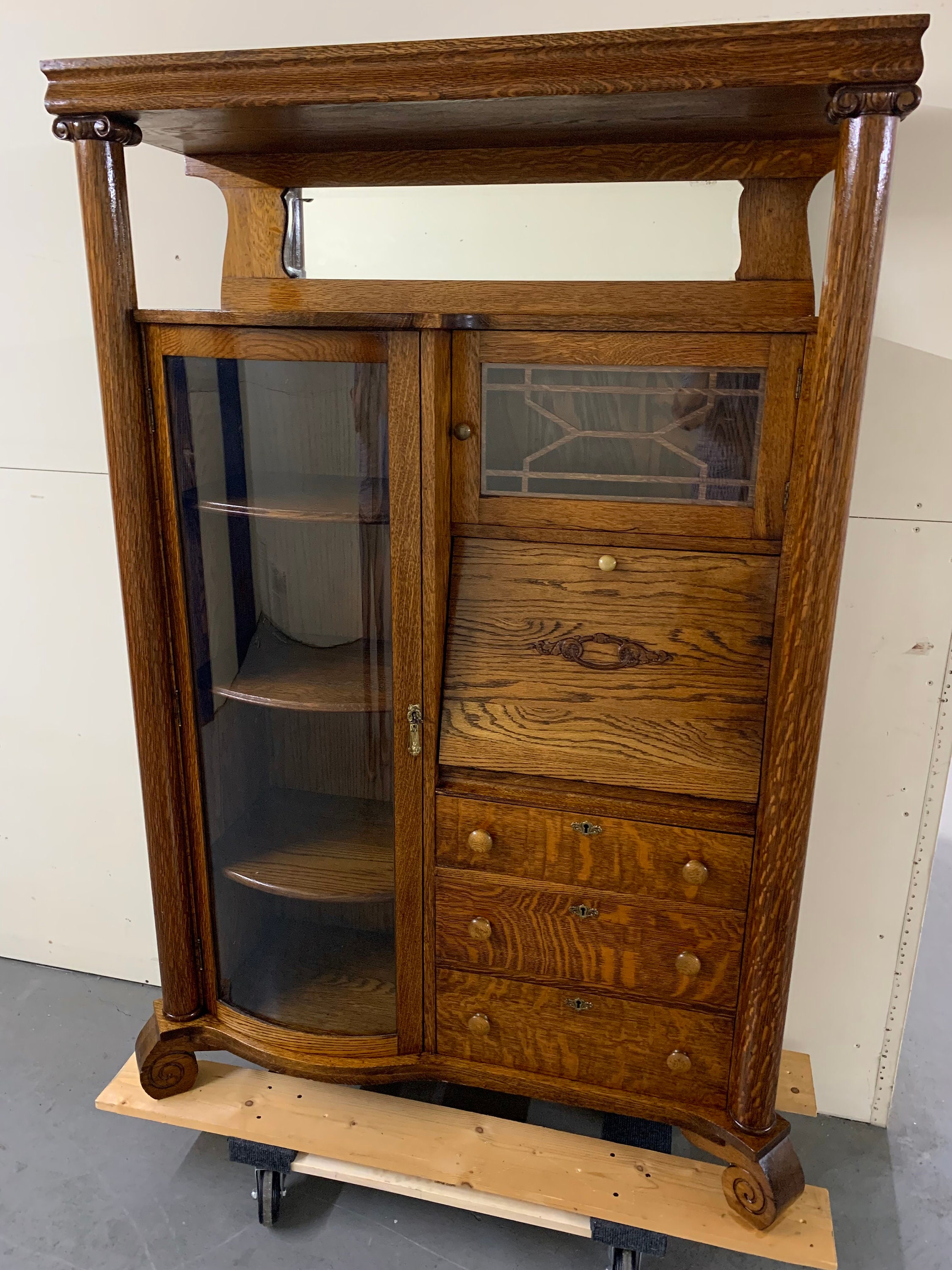 Antique Solid Oak Victorian Secretary Display Cabinet Oak Columns