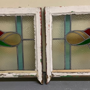 2 Antique english stained glass windows wide fan red light blue stripes 20x27x1.5 Shipping is not free