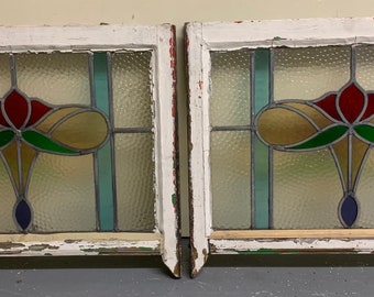 2 Antique English Stained Glass Windows Wide Fan Red Light Etsy